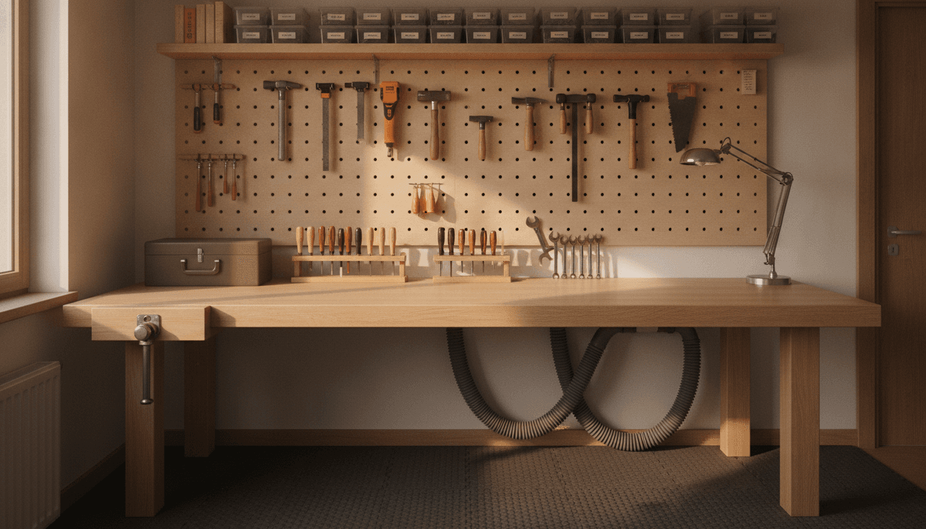 A tidy home workshop with tools